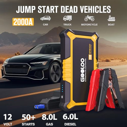 GOOLOO New GP2000 Jump Starter 2000A Car Starter Battery Pack (Up to 8.0L Gas, 6.0L Diesel Engine),12V Car Battery Charger Jumper Starter, Supersafe Portable Lithium Jump Box with USB Quick Charge - color: Yellow