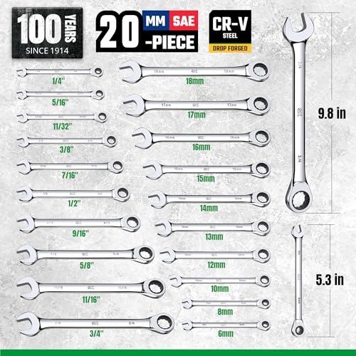 SK Ratcheting Wrench Set, Combination Wrench Set, 20-Piece, SAE 1/4" to 3/4", Metric 6 to 18mm, 72-Tooth, Premium CR-V Construction, with Rolling Pouch - size: 20-Piece, SAE 1/4" to 3/4", Metric 6 to 18mm