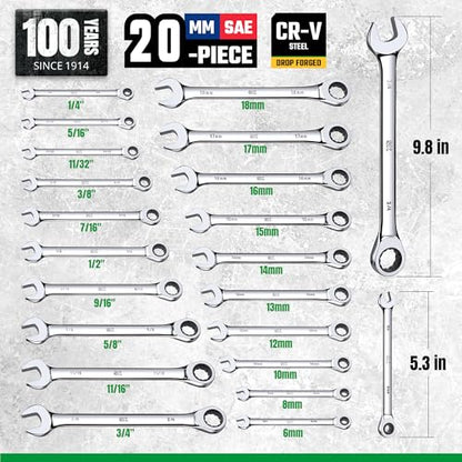 SK Ratcheting Wrench Set, Combination Wrench Set, 20-Piece, SAE 1/4" to 3/4", Metric 6 to 18mm, 72-Tooth, Premium CR-V Construction, with Rolling Pouch - size: 20-Piece, SAE 1/4" to 3/4", Metric 6 to 18mm
