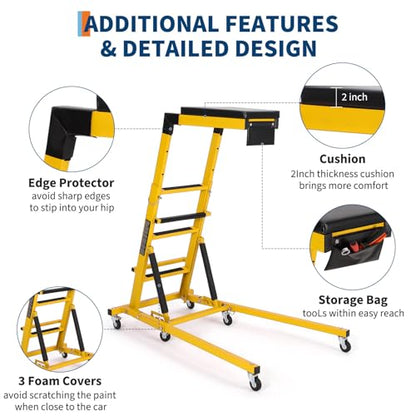 DEXSO Topside Automotive Engine Creeper - 400LBS Capacity, Adjustable Height 48"-66", Foldable Design with 6 Swivel Casters, Thickened Cushion & Tool Pouch (Yellow) - color: Yellow