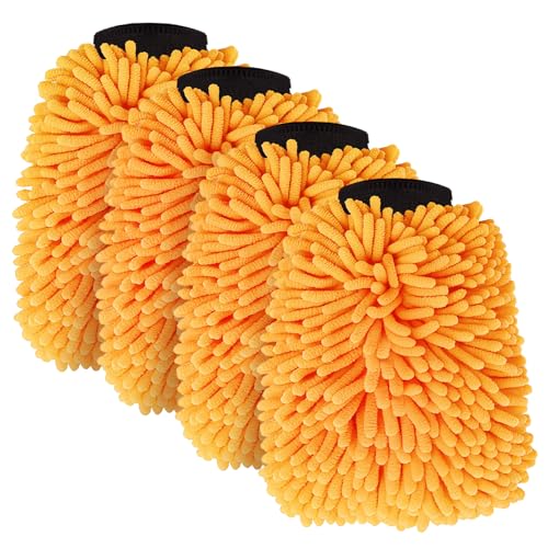 4 Pack Car Wash Mitt Microfiber, Premium Chenille Microfiber Wash Car Mitts Sponge Scratch Free & Lint-Free, Mitts Waterproof Lining Orange (8''X12'') - size: XCST_8X12IN_OG_4PCS
