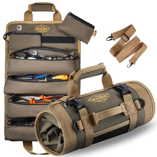 Ryker Heavy Duty Roll Up Tool Bag Organizer w/Detachable Pouches, Khaki | Tool Roll Up Bag Tool Box Organization. Portable Truck & Motorcycle accessories. Rollup Tools Bags for Mechanic & Electrician - color: A- Khaki