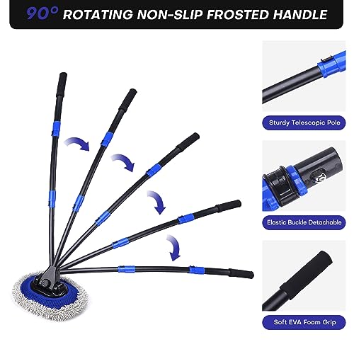 Ultimate Car Wash Brush with Long Handle | 15-Degree Curved Pole Design | Microfiber Brush Head | Adjustable Length | Wide Applications for Car, RV, Truck, Pickup | Car Wash Kit (Blue)