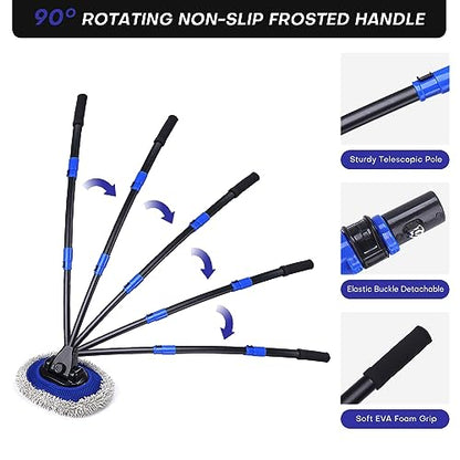 Ultimate Car Wash Brush with Long Handle | 15-Degree Curved Pole Design | Microfiber Brush Head | Adjustable Length | Wide Applications for Car, RV, Truck, Pickup | Car Wash Kit (Blue)