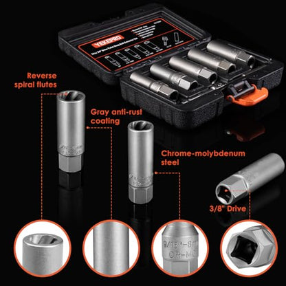 7 PCS Bolt Extractor Kit, 3/8" Drive Spark Plug Removal Extraction Socket Tool, Spiral Deep Bolt Extractor Set for Damaged, Frozen, Rusted, Rounded-Off Bolts, Studs, Nuts & Screws, T38207 - size: 7-pieces