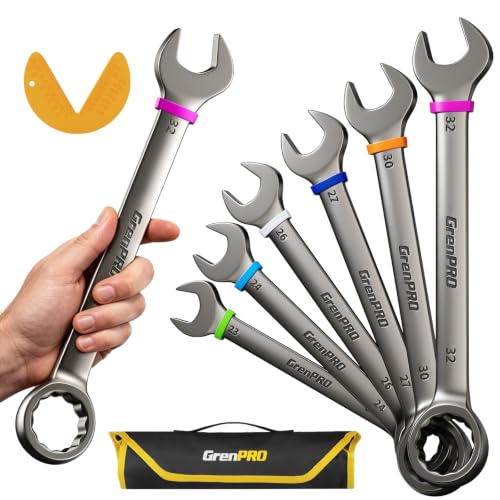 GRENPRO 23-32MM Large Metric Wrench Set, Combination Open End Wrench Sets | Color Rings, Roll Up Pouch, CRV Steel, Nickel Rust-Proof Coating, Free Gauge for Quick Size Matching - style: Metric Nickel Wrench Set Large
