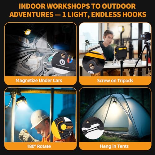 6000mAh Magnetic Work Light Rechargeable with 4000 Lumen IP65 Waterproof, 30H Runtime, 4 Brightness & 4 Color Modes with Red SOS, Strong Magnet Base for Car Repair, Camping, Emergency 2PC