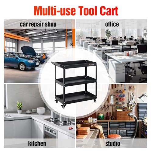 3 Tier Heavy Duty Rolling Tool Cart, Industrial Steel Service Cart for Garage, Workshop, Warehouse, 330LBS Capacity, Black Mechanics Tool Trolley with Wheels and Handle