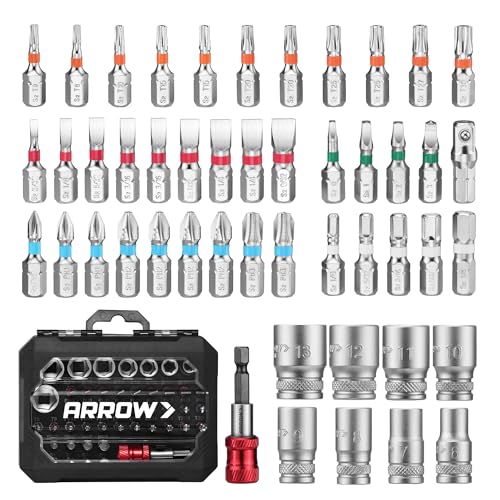 ARROW 48-Piece 1/4" Screwdriver Bit & Socket Set, Color-Coded S2 Steel Drill Bits with Magnetic Bit Holder, 6–13mm CR-V Sockets, Compatible with Power Drill, Screwdriver & Mini Ratchet Wrench - style: 48 PCS Screwdriver Bit & Socket Set