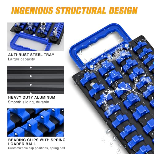 GOOACC Socket Organizer Tray 1/4 inch 3/8 inch 1/2 inch Socket Holder Portable Socket Rail Organizer Trays for Tool Box Drawer Holds 80-Piece SAE Metric Socket Sets, 1Pcs Set Black Rails Blue Clips - size: 1 Set Tray 1/4"3/8"1/2" Blue