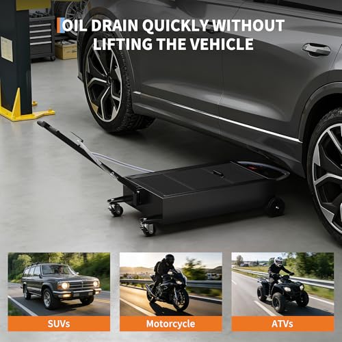Garvee 20-Gallon Low Profile Oil Drain Pan Electric Pump, Casters - Black | Low profile design fits easily under vehicles; Built-in electric pump with 6.5ft hose for easy draining; Lockable casters