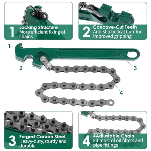 3 Pcs Heavy Duty Chain Wrench Set, 9" 12" 16" Adjustable Steel Oil Filter Wrench for Pipe Fittings Car Repair Shower Head Valve (Fits 1.5-8in Dia. Pipe)