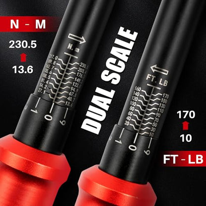 1/2-Inch Drive Click Torque Wrench-10-170 Ft-Lb for Car Motorcycle | Adjustable Inch Pound Torque Wrench(13.6-230.5Nm),72T Dual-Direction Dual Range Scales,3% Precision for Bike Lug Nut Pipe DIY - size: 1/2"DR. 10~170 FT-LB