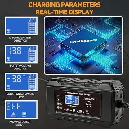 6A 12V Car Battery Charger Smart Maintainer Trickle Charger, Black | Smart Battery Desulfator, Temperature Compensation, for Car Truck Motorcycle, Lawn Mower Marine - color: Black