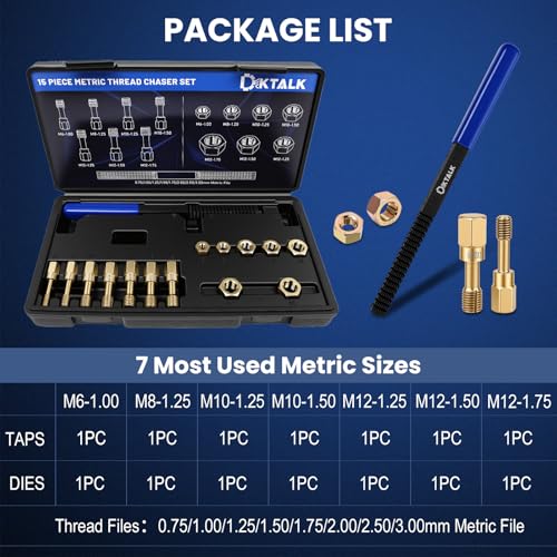 15-Piece Metric Thread Chaser Set,Master Thread Repair Kit with 7 Taps 7 Dies & Thread File,M6, M8, M10, M12,Automotive Rethreading Tool with Case - color: 15PCS Metric Thread Chaser Set