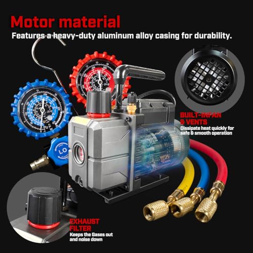 XtremepowerUS HVAC Vacuum Pump Manifold HVAC R134a, R12, R22, R410a, A/C Refrigeration R134, R134 Quick Connector AC Manifold Gauge Air Conditioner Oil Bottle w/Bag (3.5CFM) - size: 3.5CFM
