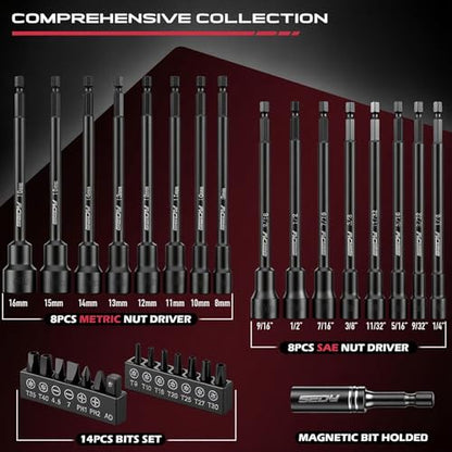 Nut Driver Impact Bit Set - 31-Piece Magnetic Socket Impact Drill Bit Tool Sets Extra Long Hex Nut Setter Driver Holder - Metric SAE Screwdriver Bits 1/4 Drive Shank Adapter Extension - style: 31-PC SAE & Metric With Screwdriver Bits