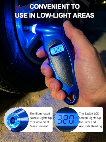 Digital Tire Pressure Gauge 150 PSI, Accurate in 0.1 Increments,1 Pack Tire Pressure Gauge with Backlight LCD, 4 Units (PSI/Bar/Kgf/cm²/KPA) Applicable to Car Truck Bicycle, Blue - color: Blue