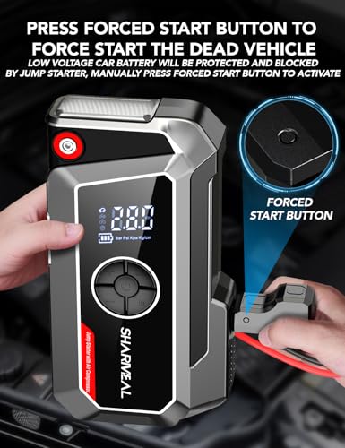 Sharmeal Jump Starter with Air Compressor, 7000A Car Battery Jump Starter (All Gas /12.0L Diesel), 200PSI Jump Starter Power Pack Portable 12V Jump Box with Jumper Cables, LED Light - color: Grey-7000A+ Air Compressor