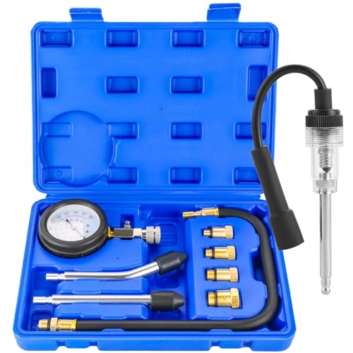 NYXOVA Petrol Engine Cylinder Compression Tester Kit and Spark Plug Tester Tool, Universal Compression Gauge, 9-Piece Automobile Compression Tester Kit (Blue)