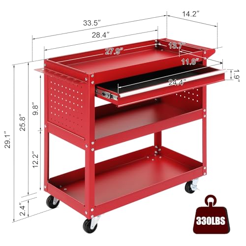 Generic 3-Tier Rolling Tool Cart, Black Steel, 330 LBS Capacity, Wheels with Lock, Pegboard & Drawers, Ideal for Garage, Warehouse & Home Use - color: B