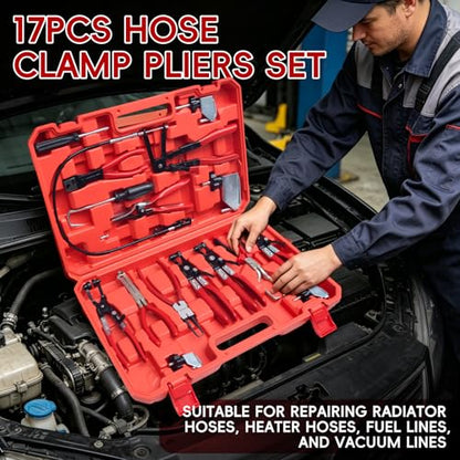 WISEUP 17pcs Hose Clamp Pliers Set, Hose Clamp Removal Tool with Electrical Disconnect Pliers & Long Reach Wire Spring Plier Set for Automotive Fuel, Oil, Coolant, Radiator Hoses