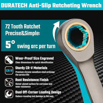 DURATECH Anti-Slip Ratcheting Wrench Set, Combination Wrench Set, 22-piece, Metric & SAE, 1/4" to 3/4" & 6-18mm, 72-Tooth, CR-V Steel, Nickel Plating, with Pouch - style: Anti-slip