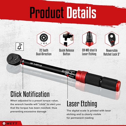 WETT 11Pcs Torque Wrench Set, 1/4'' & 3/8'' & 1/2'' Drive Click Torque Wrench, with Extension Bars & Adapters, Dual-Direction Adjustable Reversible 72-Tooth Ratchet Handle - size: 1/4 & 3/8 & 1/2-inch Drive (11Pcs)