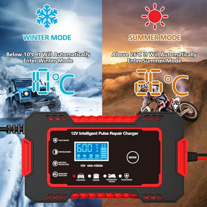 12V 6-Amp Battery Charger, Smart Trickle Charger & Maintainer RED | Battery Desulfator, Winter & Summer Mode, Lead-acid Battery Chargers, for Car Truck Motorcycle Lawn Mower Boat - color: Red