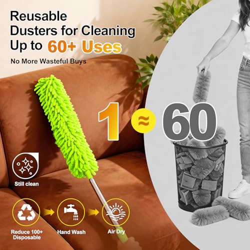 Tiumso Duster with Extension Pole 100 inch Extendable Reusable Dusters for Cleaning 5-in-1 Anti-Spin Dusting Kits for High Ceiling Fans, Cobwebs & Vents, Reinforced Stainless Steel Telescopic Handle - color: Lime Green