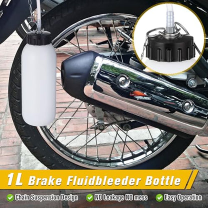 Meonum 2-Pack 1L Brake Bleeder Bottle, Brake Fluid Bleeder Kit with One Way Check Valve, 20 Inch Tube and Rubber Connector for Collecting Waste Fluid, One Person Bleeding Tool for Cars & Motorcycles