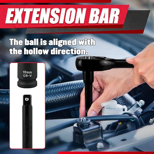 29pcs 1/2" Socket Set, Drive Deep Impact Socket Set, Including 3 ", 5", 10" Impact Extension Bar, Standard SAE (3/8 "- 1") and Metric (10mm-24mm), Cr-V Steel - size: 29 PCS (3/8"-1")