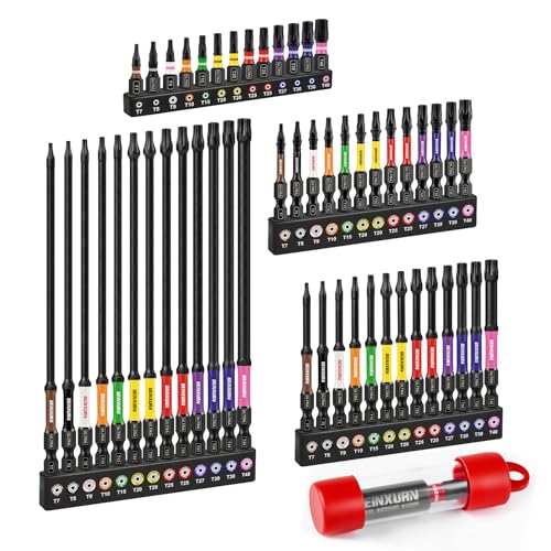 Geinxurn Impact Torx Screwdriver Bits Set, 52Pcs Magnetic(T7-T40) S2 Steel 1”/2”/3”/6” Long Extension Multi Star Driver Bits and 1Pc Bit Holder with Color Coded Base - size: 53pcs-Mix-T, style: Torx