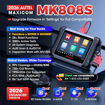 Autel Scanner MaxiCOM MK808S, 2026 OBD2 Scan Tool as MaxiCheck MX808S MX900 MK900BT MK808BT Pro, 3000+ Active Test, 28+ Service for 200+ Brands, OE All System Diagnostics, FCA & SGW, 10X Faster OS 11