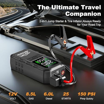 10-in-1 Car Battery Jump Starter with Air Compressor 8000A 160PSI Portable Car Jumper Starter (All Gas 12L Diesel), 12V Jump Box Car Battery Jump Starter Portable Jumper Cables, Lights (8000A) - size: 8000A