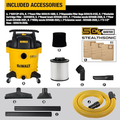 DEWALT 12 Gallon STEALTHSONIC Ultra Quiet Poly Wet Dry Vacuum, DXV12P-QTA Powerful Suction Noise Reduction Vac, 5.5 Peak HP Shop Vacuum for Jobsite/Workshop, Reduce Motor Noise, Yellow - size: 12Gallon-QTA