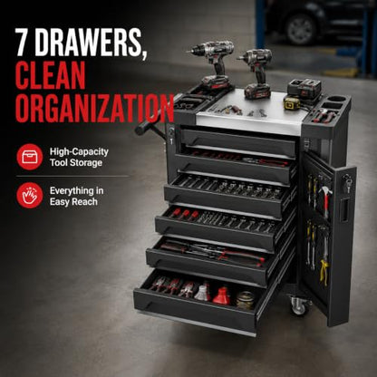 7-Drawer Rolling Tool Chest, Tool Box Lockable Metal Tool Cabinet with Side Storage Cabinet, Ball Bearing Slides Steel Organizer,Heavy-Duty Powder-Coated Tool Cart for Garage Workshope, Black - size: 7 Drawers- Black