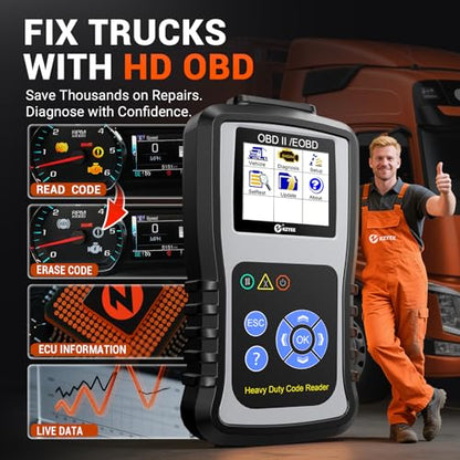 KZYEE KC601 Heavy Duty Truck Scanner, Diesel Scanner Diagnostic Tool for Cummins, CAT, Freightliner, International, Mack, Volvo & Detroit, Read & Clear Codes, Live Data, Free Lifetime Updates