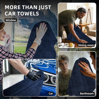 2-Pack 1500GSM Microfiber Drying Towel for Car 24"x36" & 11.8"x11.8"（Blue） | Ultra Absorbent Streak-Free Lint Free Twisted-Loop Cleaning Cloth for Cars Motorcycles Windows Kitchen