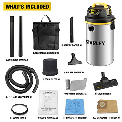 STANLEY Wet/Dry Vacuum SL18133，4.5 Gallon 4 Horsepower Wall-Mounted Hanging Vacuum with 26 Cleaning Range Stainless Steel Tank, Home/Garage/Upholster/Laundry Rooms Vacuum
