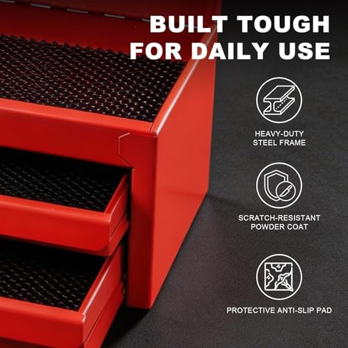 JACK BOSS Mini Tool Box with Two Drawers,Small Metal Tool Box with Lockable Top Storage,Multi-Purpose Portable Tool Boxes Case Organizer,Small Tool Chest with PVC Mats,L10.8"×W6.6"×H7",Red - color: Red