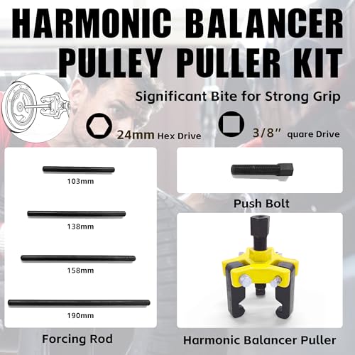 KJE Harmonic Balancer Puller Kit – Adjustable 3-Jaw Puller Set for Removing Harmonic Dampers & Balancers -Includes 3/8” Square Drive Forcing Screw & 4 Rods - size: 1pcs