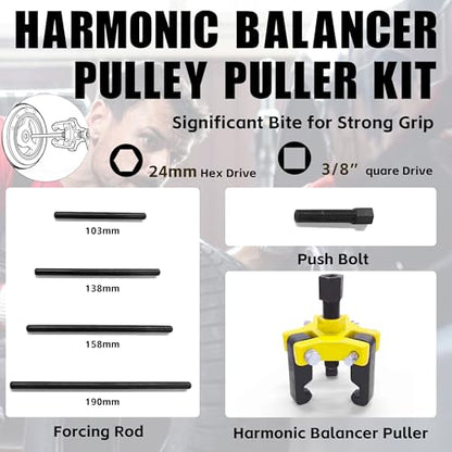 KJE Harmonic Balancer Puller Kit – Adjustable 3-Jaw Puller Set for Removing Harmonic Dampers & Balancers -Includes 3/8” Square Drive Forcing Screw & 4 Rods - size: 1pcs