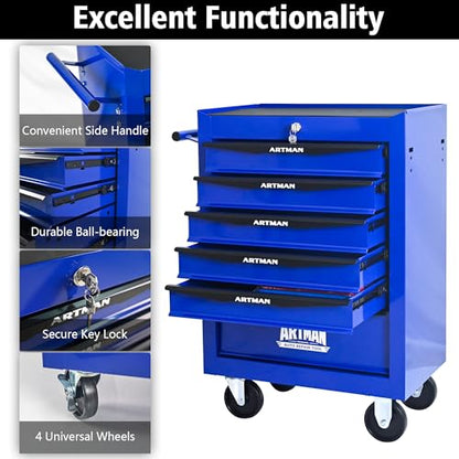 RYH 5 Drawers Rolling Tool Chest - 13" D x 20.9" W x 30.5" H Heavy Duty Mobile Tool Cart with Locking Wheels & Ball Bearing Drawers, Garage Tool Storage Cabinet (Blue, 5 Drawers) - color: Blue-black, size: 5 Drawers（30"H × 20"W × 13"D)