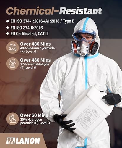 LANON Black Nitrile Disposable Gloves, EN ISO 374 Chemical Resistant, Heavy-Duty, Mechanic, Textured Fingertips, Latex-Free - size: Small(8 mil)