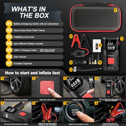 12 V Car 8000 mAh Battery Jump Starter 2800A with 150psI Air Compressor, Compact and Practical Edition QB08L Safe Smart, Portable Jump Box and Charger for 6.0L Gas and 3.0L Diesel Engines.