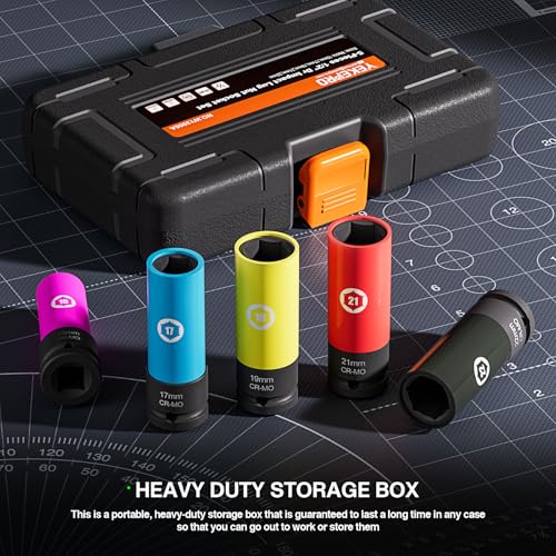 5PCS 1/2" Drive Impact Lug Nut Socket Set, 15 17 19 21 22 MM | Impact Wheel Socket Kit, Thin Wall Non-Marring Deep Socket with Protective Sleeves, Color-Coded Sleeves, CR-MO Steel - size: Metric