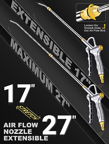JASTIND Upgrade Air Blow Gun with Adjustable Air Blower Nozzle, Up to 27 Inches Extension with 4.9 Inches Steel Air Flow Nozzle, High Volume Pneumatic Dust Clean Tool for Air Compressor Accessory