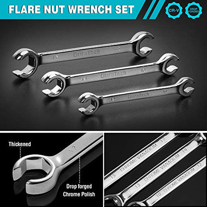 DURATECH Flare Nut Wrench Set, Metric, 3-piece | 10mm, 12mm, 13mm, 14mm, 15mm, 17mm, CR-V Steel, Organizer Pouch Included - size: 3pc, Metric