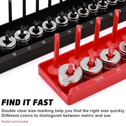3/8-Inch Drive Socket Organizer Trays, 2-Piece SAE and Metric Socket Tray Set, Deep and Standard Socket Holders Organizers for Toolbox, Black & Red - size: 3/8-Inch Drive SAE and METRIC